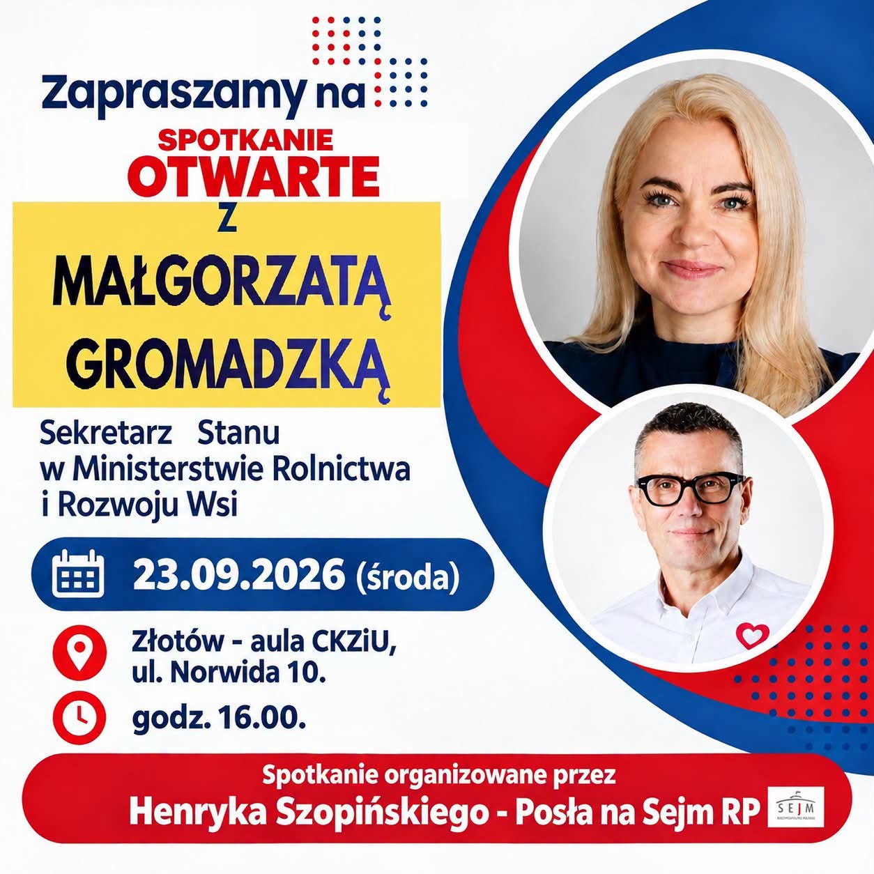 Zapraszamy do Złotowa na spotkanie z wiceminister Małgorzatą Gromadzką!