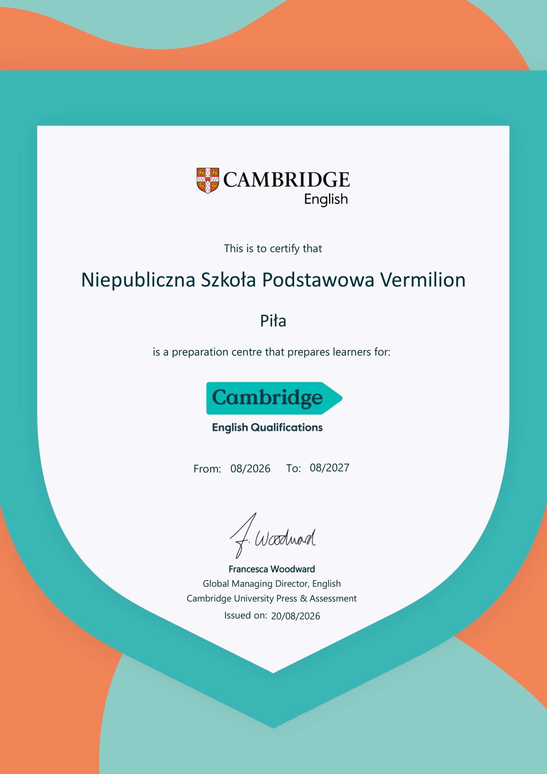 Niepubliczna Szkoła Podstawowa Vermilion w Pile z certyfikatem Cambridge English